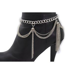 Women Silver Metal Chain Boot Bracelet Anklet Shoe Side Wave Tassel Fringe Charm